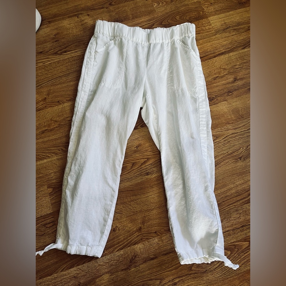 PURE JILL LINEN NEW! Bright White 100% Linen Pants w/ Ankle Tie Sz M